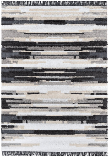 Tiva Tribal Geometric Stripes Grey High-Low Textured Pile Rug MYA-57