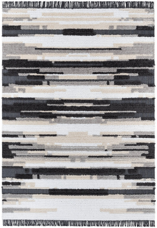 Tiva Tribal Geometric Stripes Grey High-Low Textured Pile Rug MYA-57