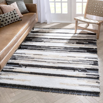 Tiva Tribal Geometric Stripes Grey High-Low Textured Pile Rug MYA-57