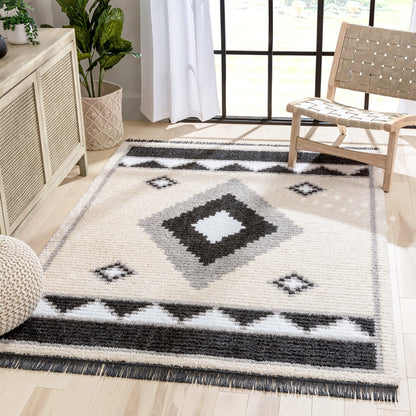 Una Moroccan Diamond Medallion Pattern Grey High-Low Textured Pile Rug MYA-67