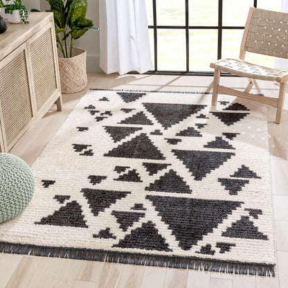 Elu Tribal Geometric Pattern Grey High-Low Textured Pile Rug MYA-87