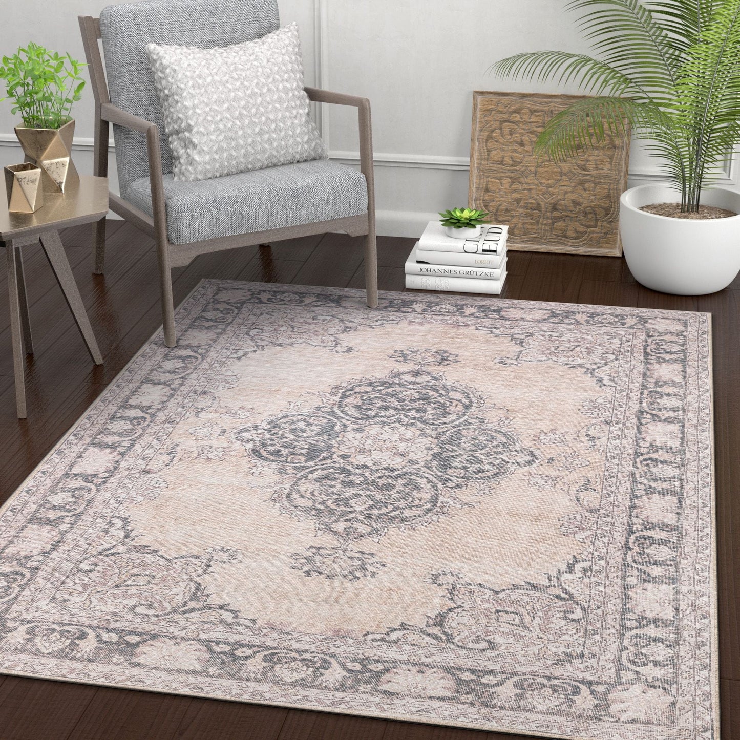 Tarifa Vintage Bohemian Medallion Beige Machine Washable Rug NIL-02