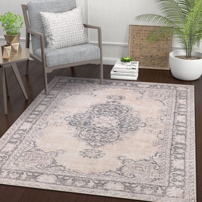 Tarifa Vintage Bohemian Medallion Beige Machine Washable Rug NIL-02