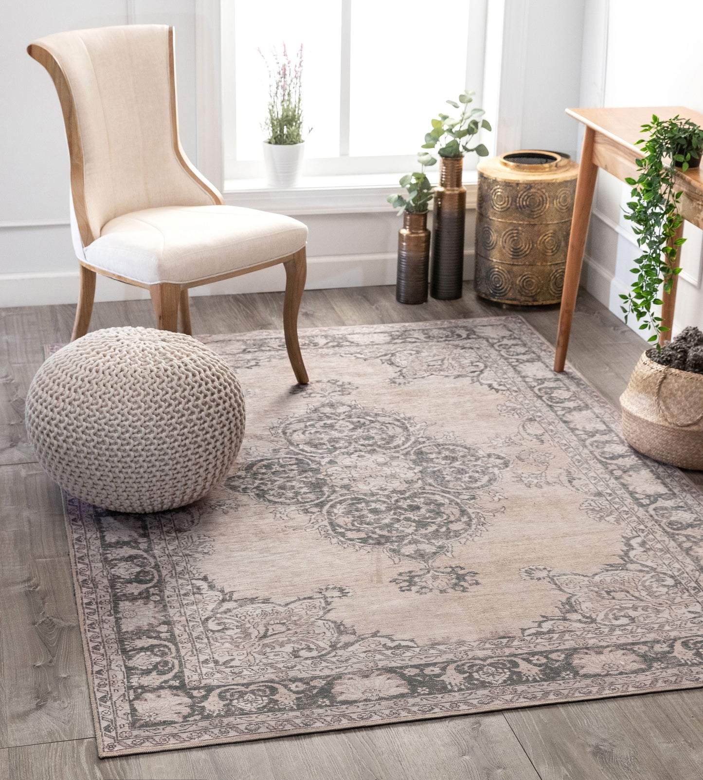 Tarifa Vintage Bohemian Medallion Beige Machine Washable Rug NIL-02