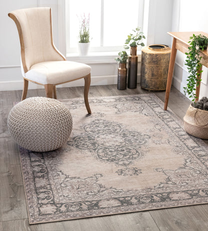Tarifa Vintage Bohemian Medallion Beige Machine Washable Rug NIL-02