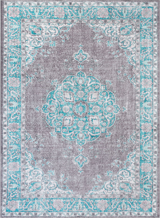 Tarifa Vintage Bohemian Medallion Light Blue Machine Washable Rug NIL-06