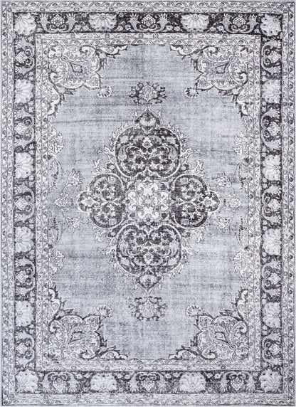 Tarifa Vintage Bohemian Medallion Grey Machine Washable Rug NIL-07