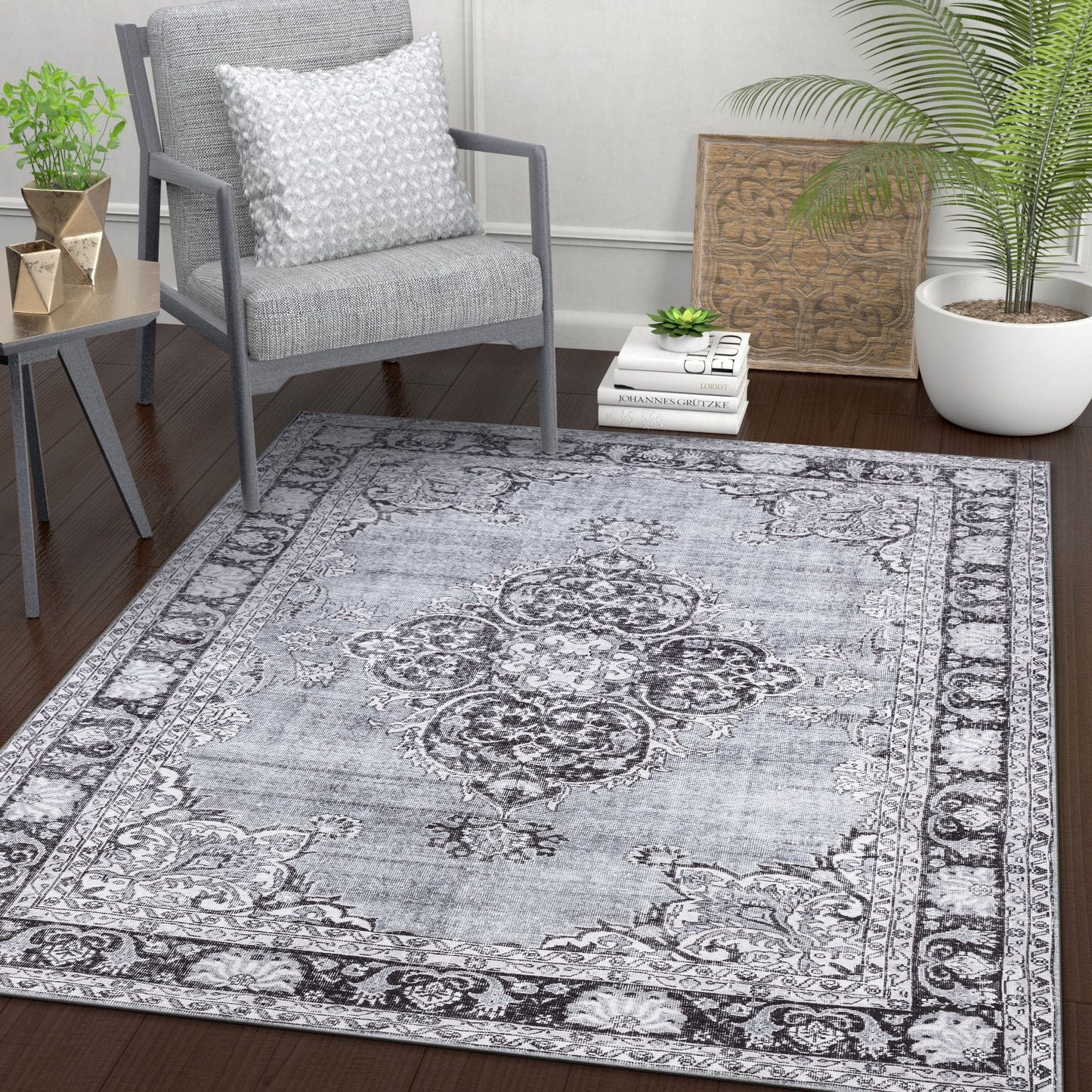 Tarifa Vintage Bohemian Medallion Grey Machine Washable Rug NIL-07