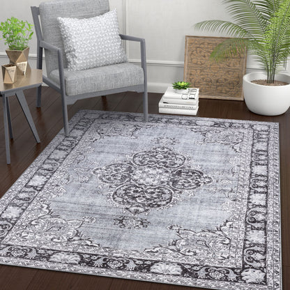 Tarifa Vintage Bohemian Medallion Grey Machine Washable Rug NIL-07