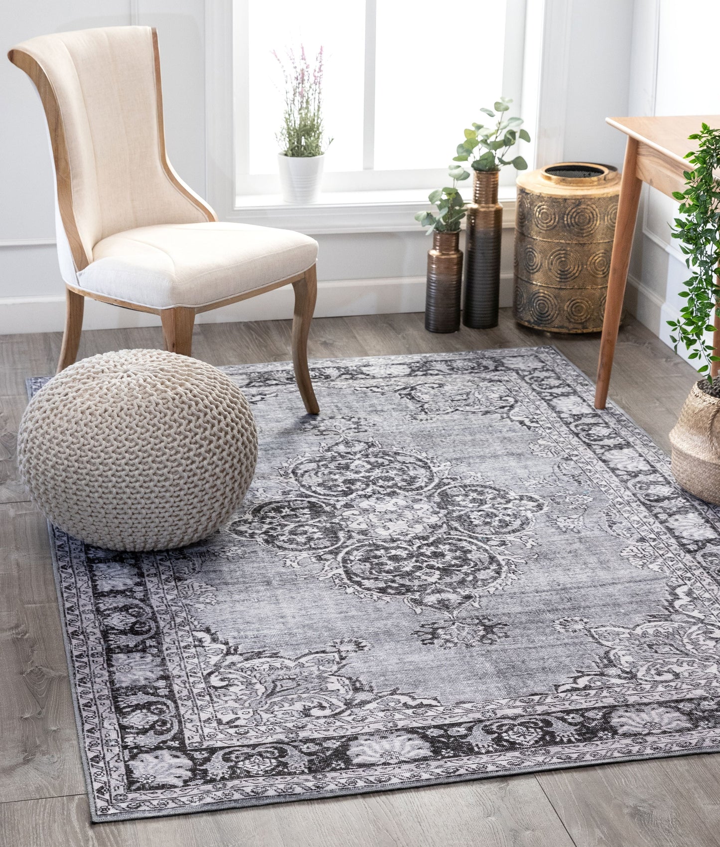 Tarifa Vintage Bohemian Medallion Grey Machine Washable Rug NIL-07