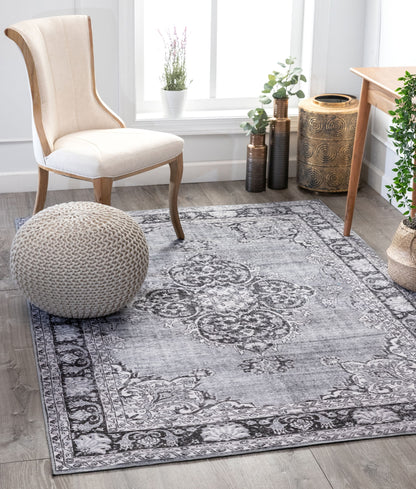 Tarifa Vintage Bohemian Medallion Grey Machine Washable Rug NIL-07