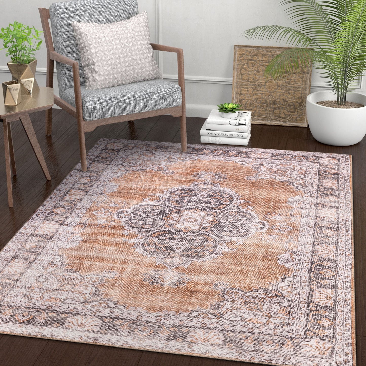 Tarifa Vintage Bohemian Medallion Rust Machine Washable Rug NIL-09