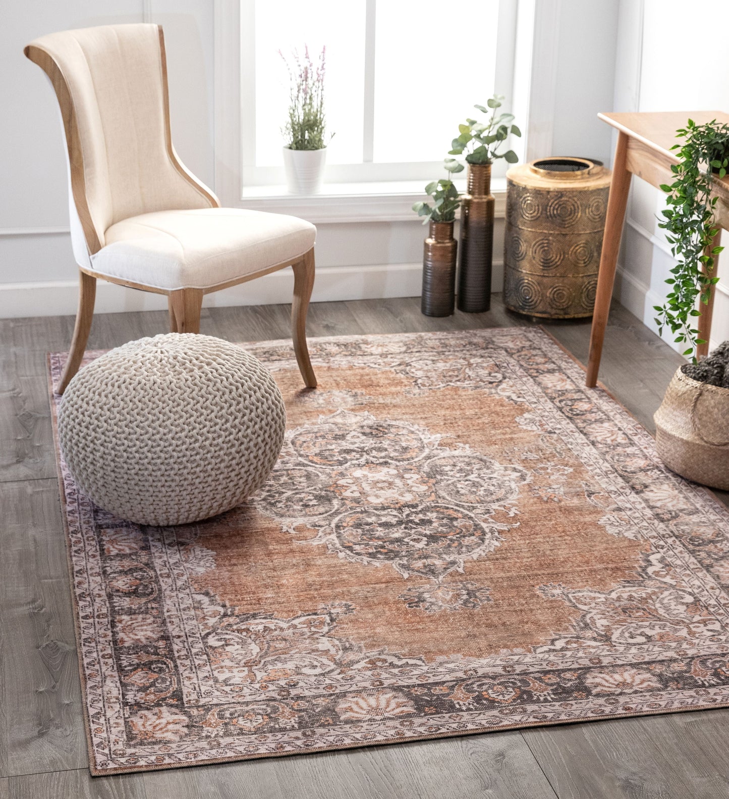 Tarifa Vintage Bohemian Medallion Rust Machine Washable Rug NIL-09