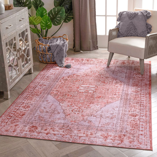 Gila Machine Washable Vintage Bohemian Medallion Oriental Red Flat-Weave Distressed Rug NIL-10