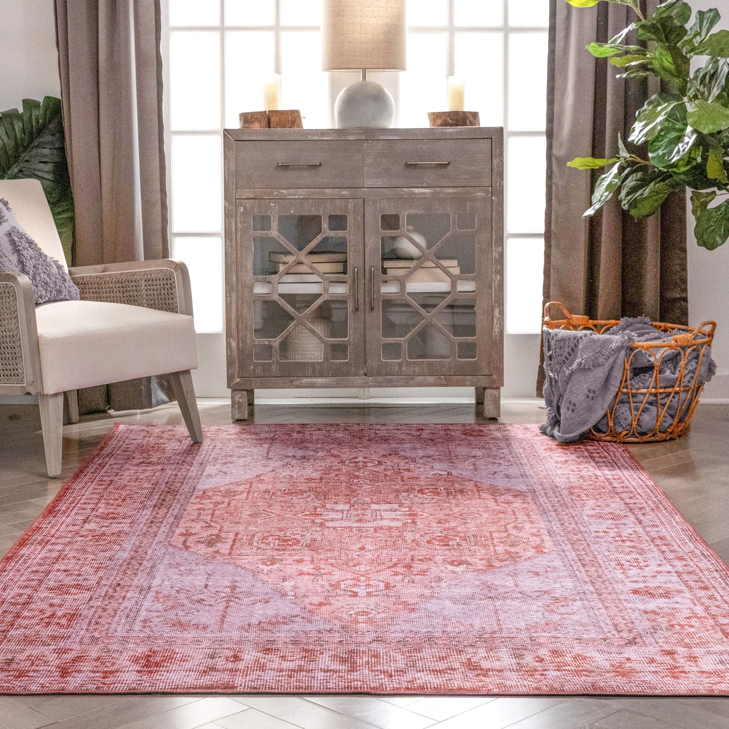 Gila Machine Washable Vintage Bohemian Medallion Oriental Red Flat-Weave Distressed Rug NIL-10