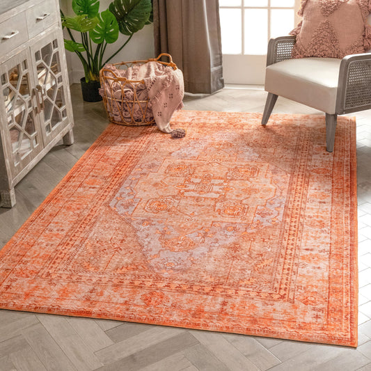 Gila Machine Washable Vintage Bohemian Medallion Oriental Rust Flat-Weave Distressed Rug NIL-11