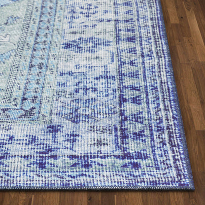 Gila Machine Washable Vintage Bohemian Medallion Oriental Dark Blue Flat-Weave Distressed Rug NIL-14