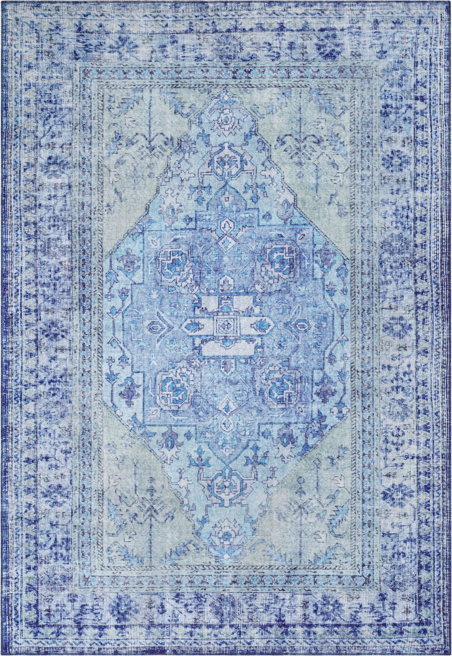 Gila Machine Washable Vintage Bohemian Medallion Oriental Dark Blue Flat-Weave Distressed Rug NIL-14