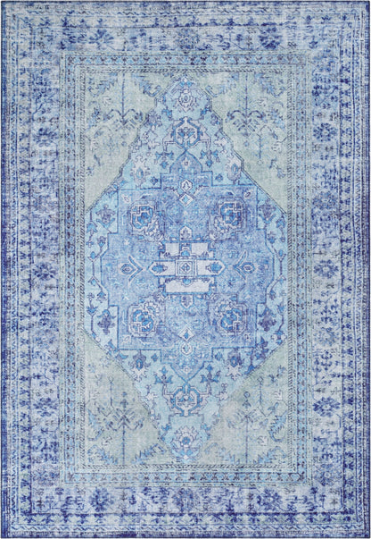 Gila Machine Washable Vintage Bohemian Medallion Oriental Dark Blue Flat-Weave Distressed Rug NIL-14