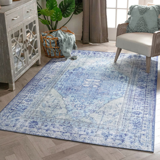 Gila Machine Washable Vintage Bohemian Medallion Oriental Dark Blue Flat-Weave Distressed Rug NIL-14