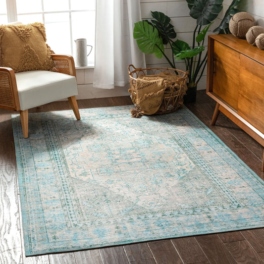 Gila Machine Washable Vintage Bohemian Medallion Oriental Green Flat-Weave Distressed Rug NIL-15