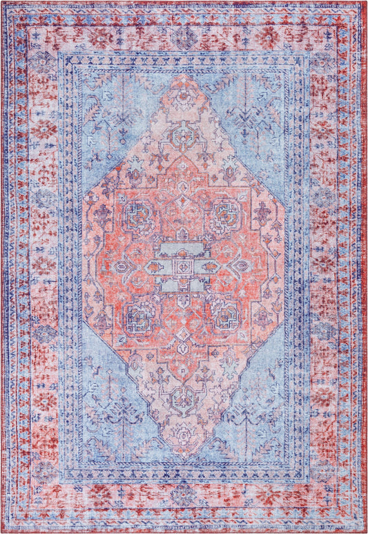 Gila Machine Washable Vintage Bohemian Medallion Oriental Blue Red Flat-Weave Distressed Rug NIL-16