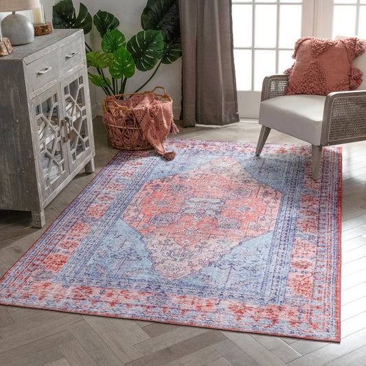 Gila Machine Washable Vintage Bohemian Medallion Oriental Blue Red Flat-Weave Distressed Rug NIL-16
