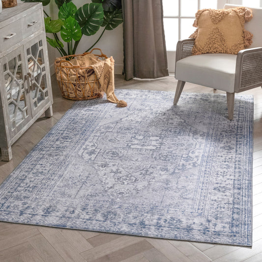 Gila Machine Washable Vintage Bohemian Medallion Oriental Grey Flat-Weave Distressed Rug NIL-17