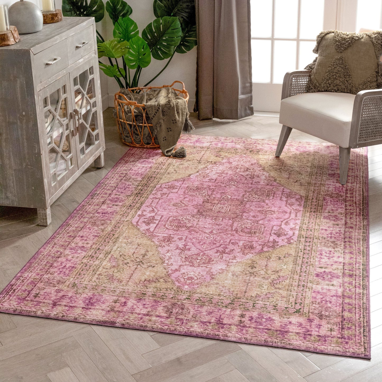 Gila Machine Washable Vintage Bohemian Medallion Oriental Pink Flat-Weave Distressed Rug NIL-19