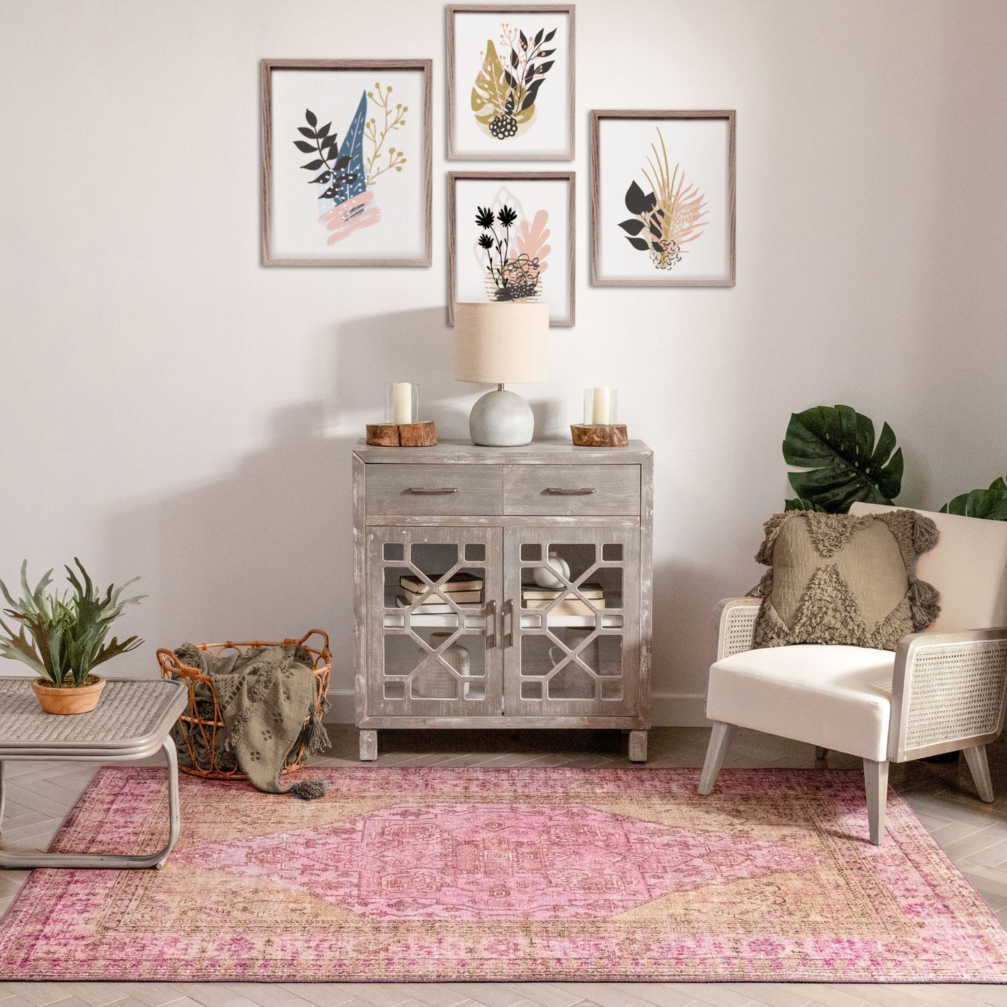 Gila Machine Washable Vintage Bohemian Medallion Oriental Pink Flat-Weave Distressed Rug NIL-19