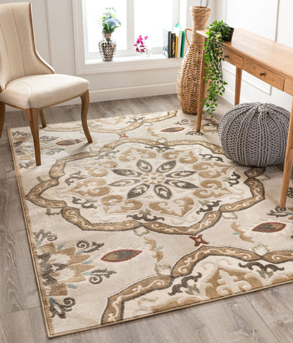 Dorit Traditional Mandala Beige High-Low Rug OR-32