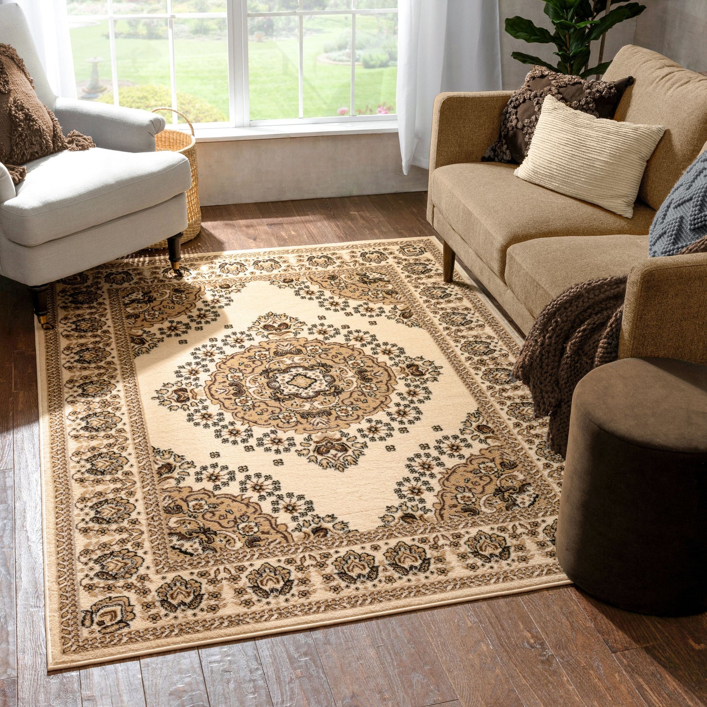 Malika Traditional Medallion Persian Floral Ivory Rug PA-112
