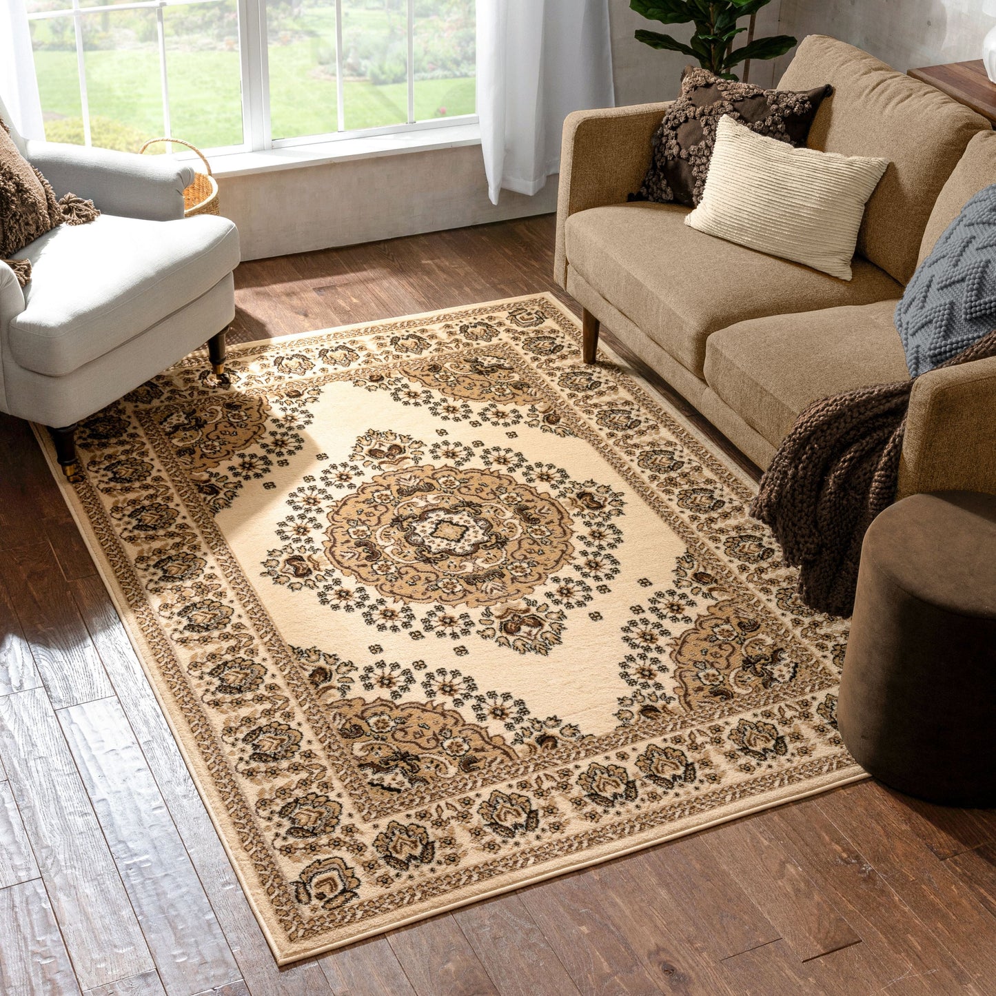 Malika Traditional Medallion Persian Floral Ivory Rug PA-112