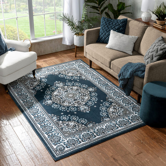 Malika Traditional Medallion Persian Floral Dark Blue Rug PA-114
