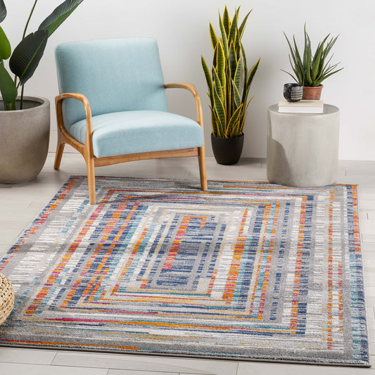 Merle Modern Geometric Border Light Blue Rug PAL-56