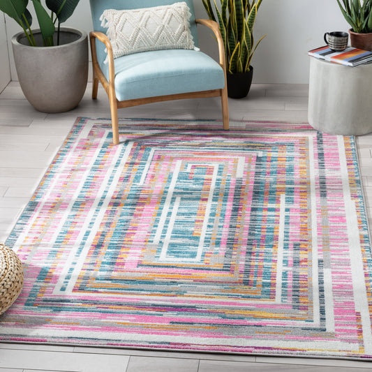 Merle Modern Geometric Border Fuchsia Rug PAL-59