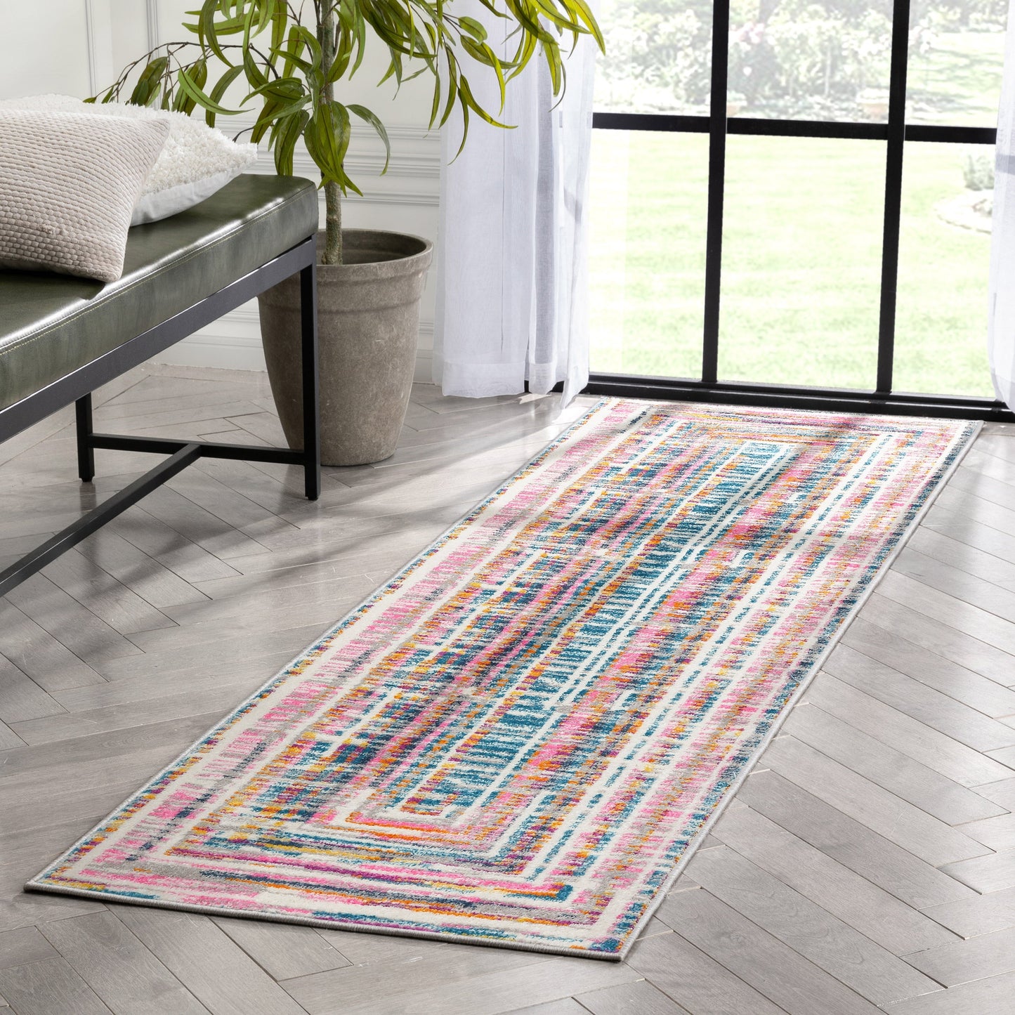 Merle Modern Geometric Border Fuchsia Rug PAL-59