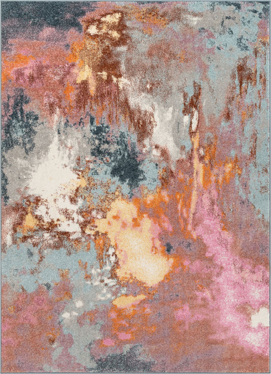 Petal Modern Abstract Paintsplash Distressed Blue Pink Rug RO-234