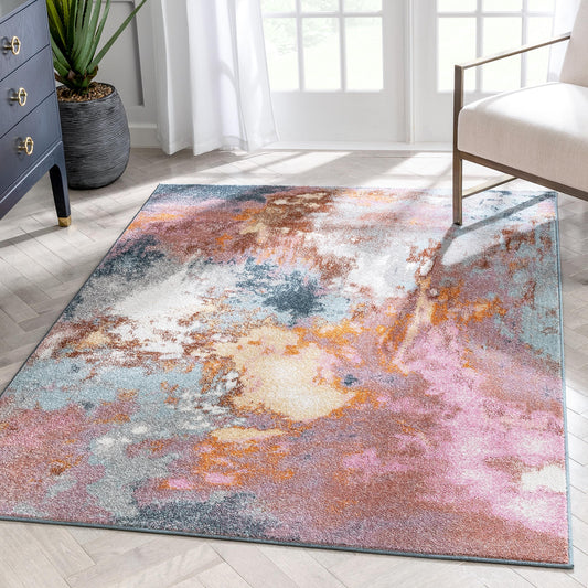 Petal Modern Abstract Paintsplash Distressed Blue Pink Rug RO-234