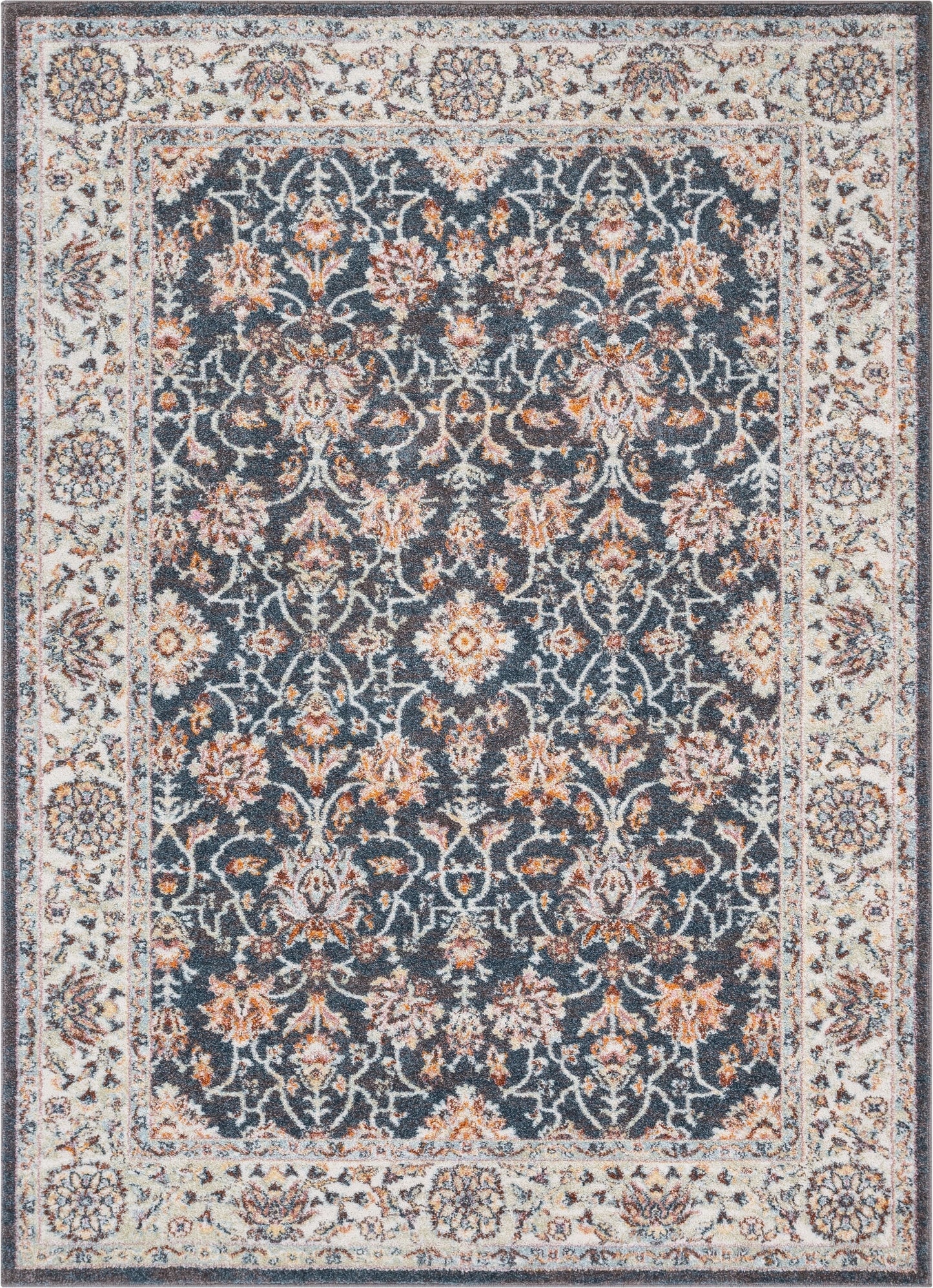 Corona Vintage Eclectic Floral Botanical Border Blue Rug RO-24