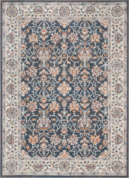 Corona Vintage Eclectic Floral Botanical Border Blue Rug RO-24