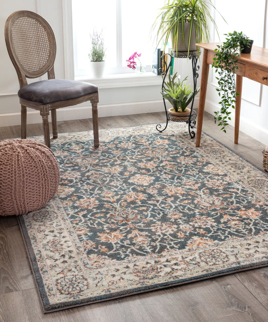 Corona Vintage Eclectic Floral Botanical Border Blue Rug RO-24