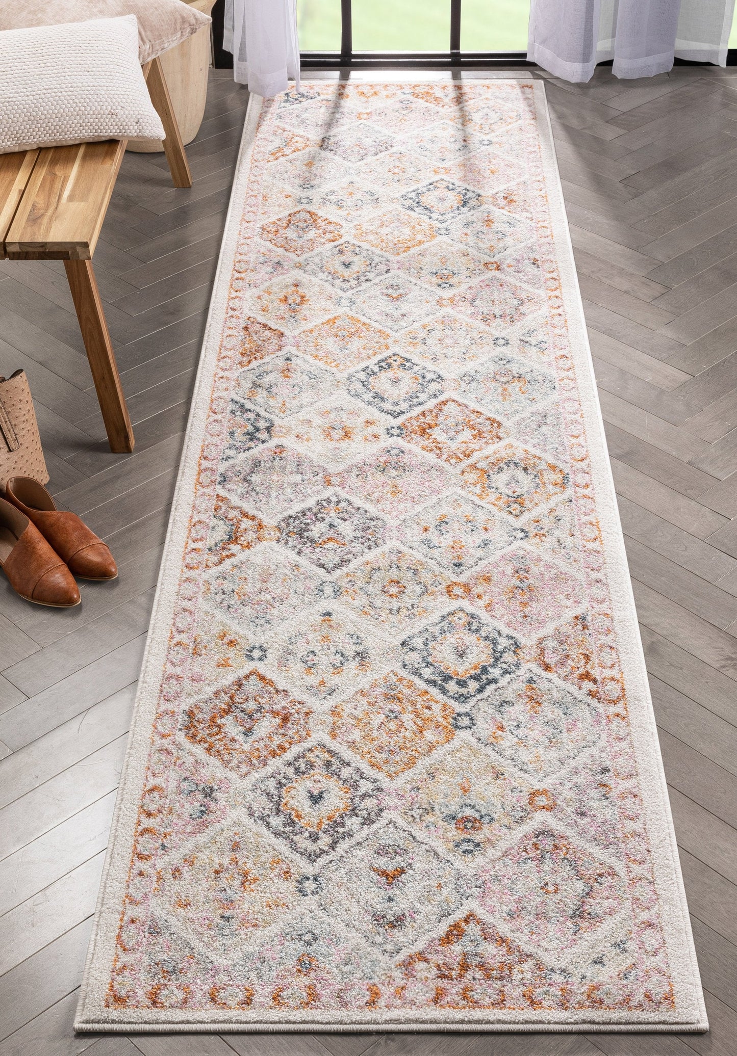 Elaine Vintage Bohemian Panel Ivory Green Rug RO-302