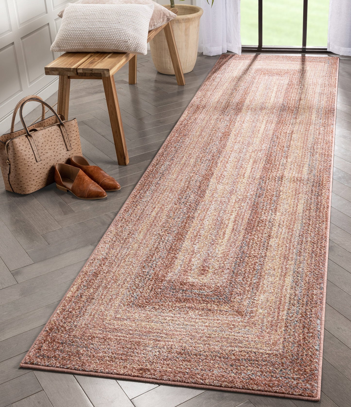 Chindi Bohemian Vintage Solid & Striped Multi-Color Blush Yellow Braided Pattern Rug RO-311