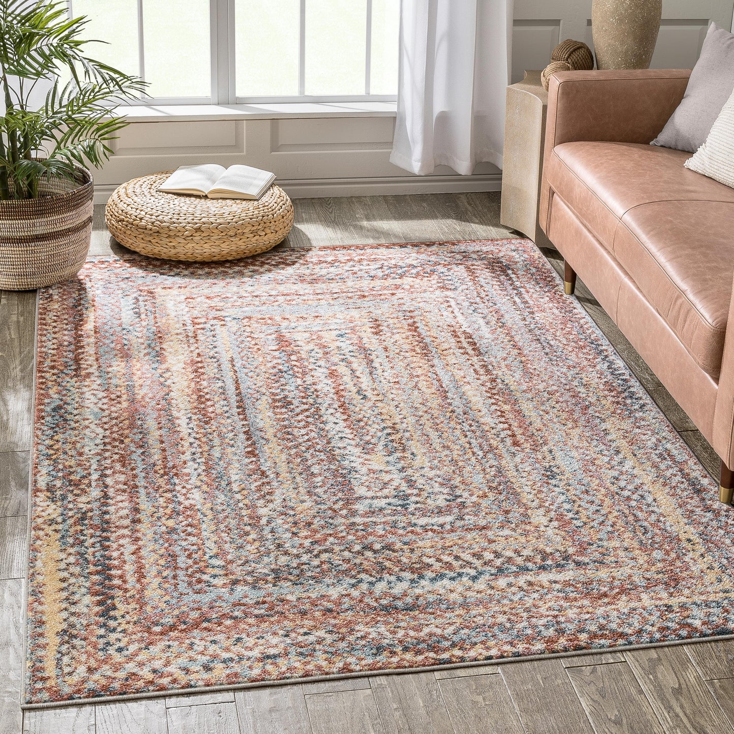 Chindi Bohemian Vintage Solid & Striped Multi-Color Blush Light Blue Braided Pattern Rug RO-319