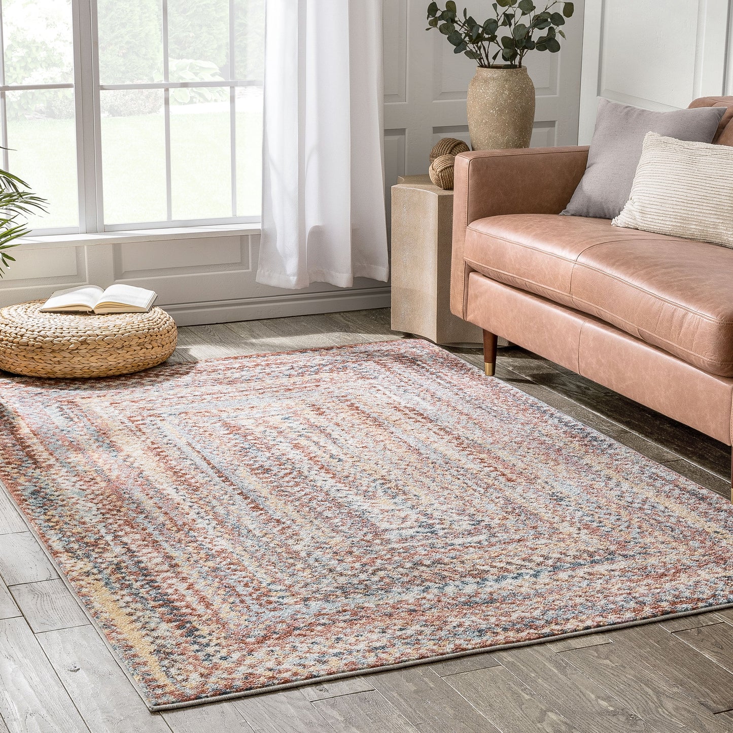 Chindi Bohemian Vintage Solid & Striped Multi-Color Blush Light Blue Braided Pattern Rug RO-319