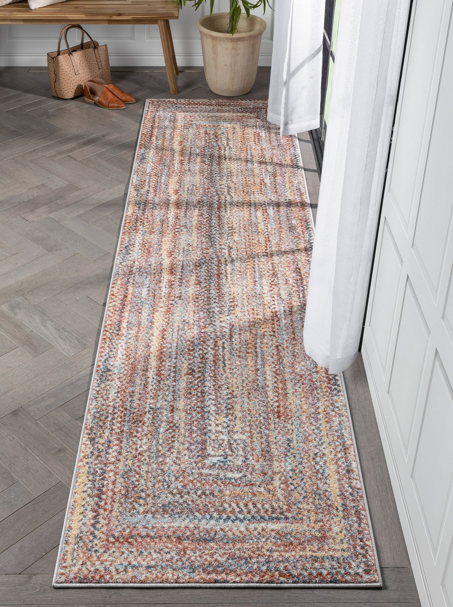 Chindi Bohemian Vintage Solid & Striped Multi-Color Blush Light Blue Braided Pattern Rug RO-319