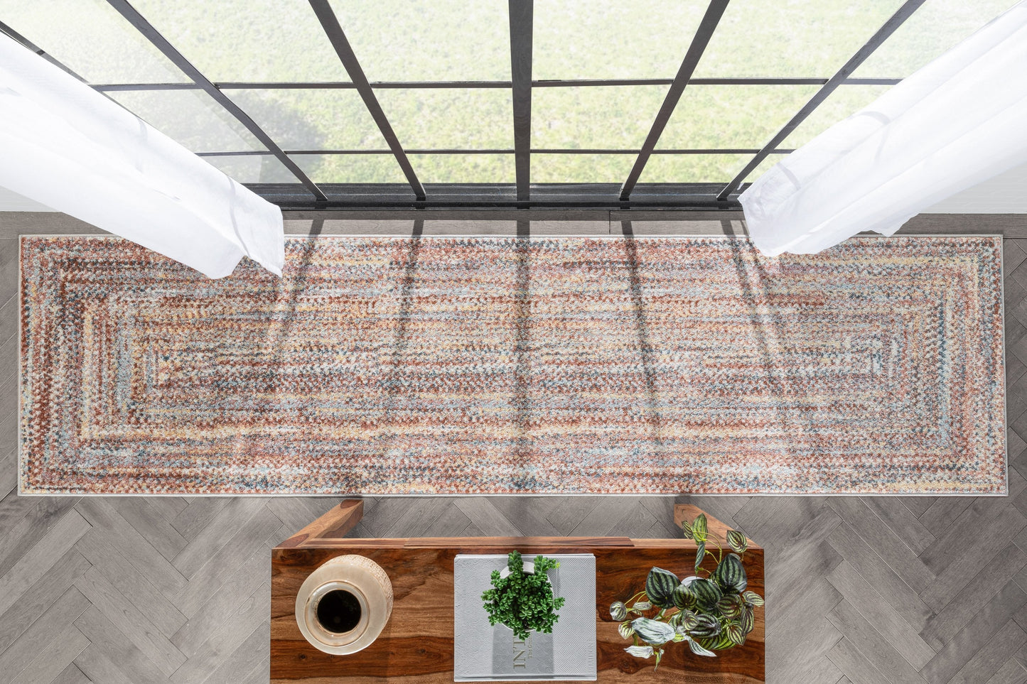 Chindi Bohemian Vintage Solid & Striped Multi-Color Blush Light Blue Braided Pattern Rug RO-319