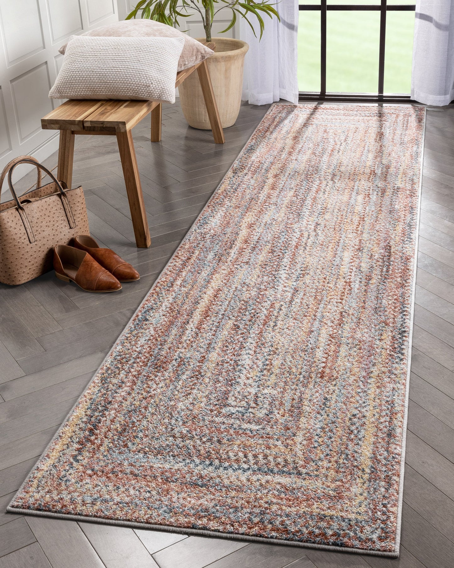 Chindi Bohemian Vintage Solid & Striped Multi-Color Blush Light Blue Braided Pattern Rug RO-319