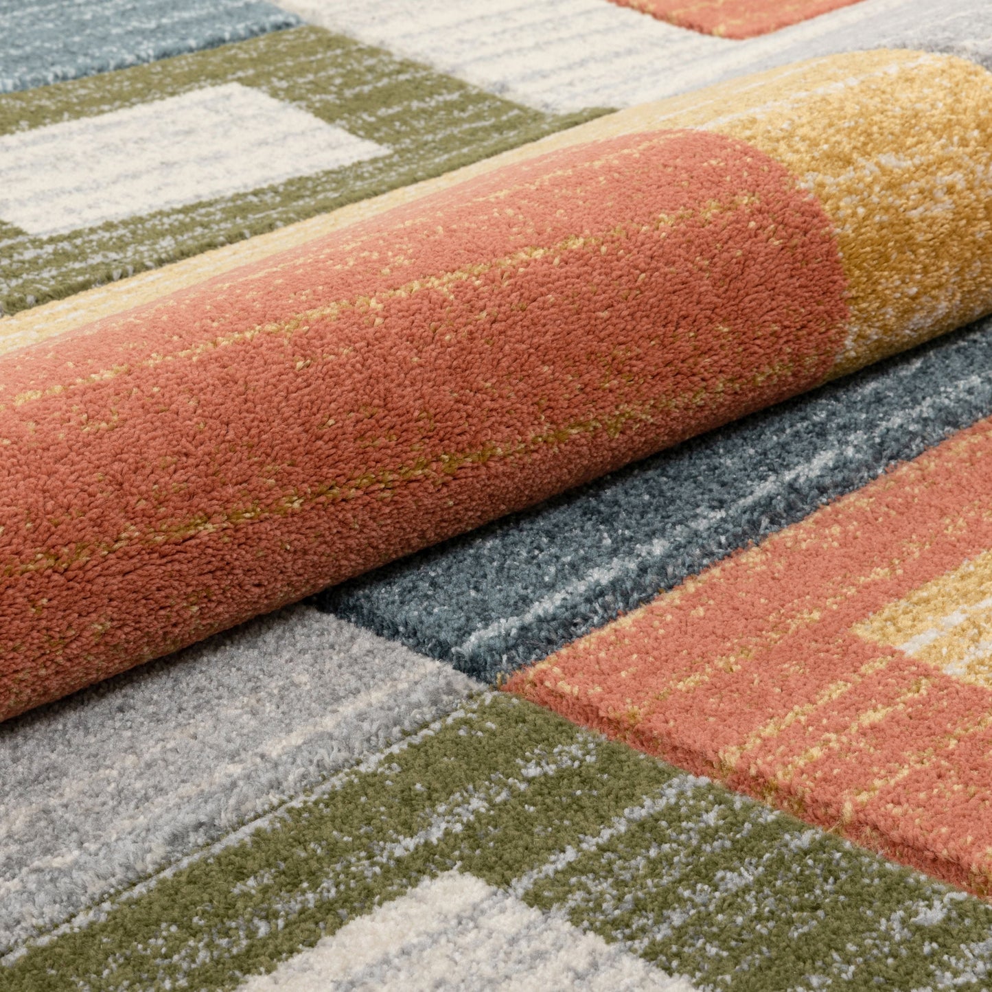 Tango Mid-Century Modern Geometric Squares Multi Distressed High-Low Rug RU-111